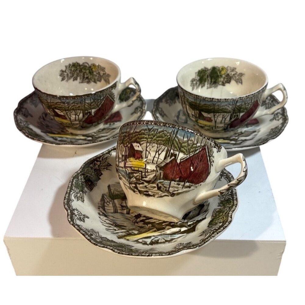 Johnson Bros The Friendly Village Tea Cups & Saucers Set Of 3 England READ